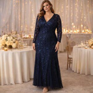 R&M Richards Navy Gown Sequin Long Sleeve Dress Twilight Evening Wedding Size 16